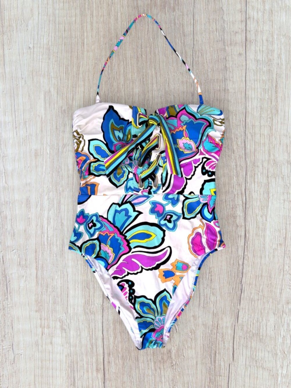 Trina Turk Mandalay Bandeau Floral Strapless Lace-Up One Piece Swimsuit Halter